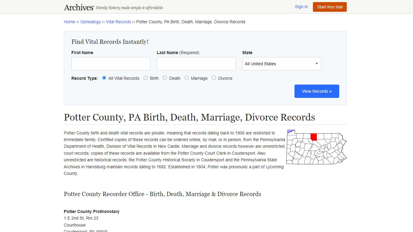 Potter County, PA Birth, Death, Marriage, Divorce Records - Archives.com