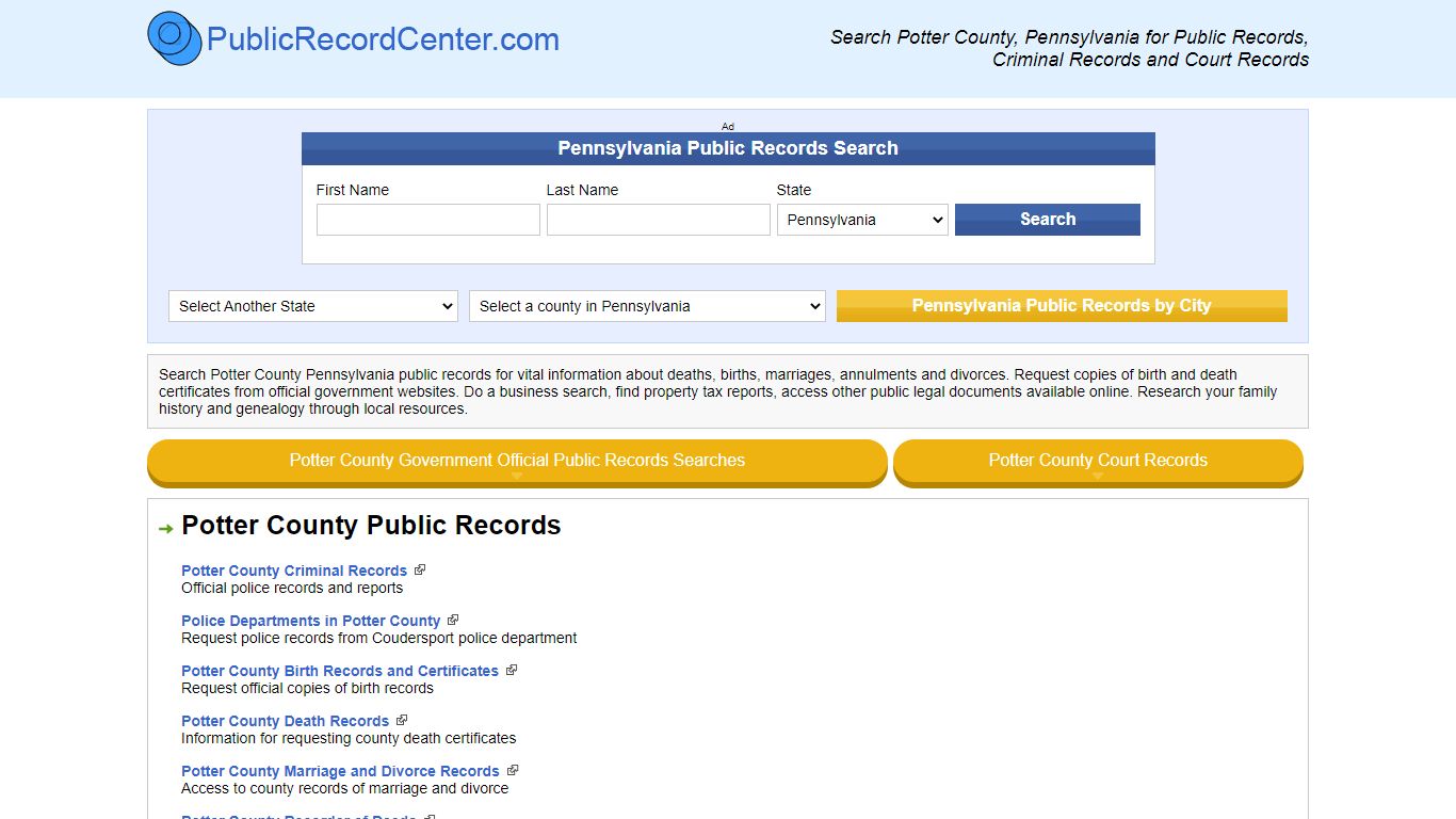Potter County Pennsylvania Free Public Records - Court Records ...